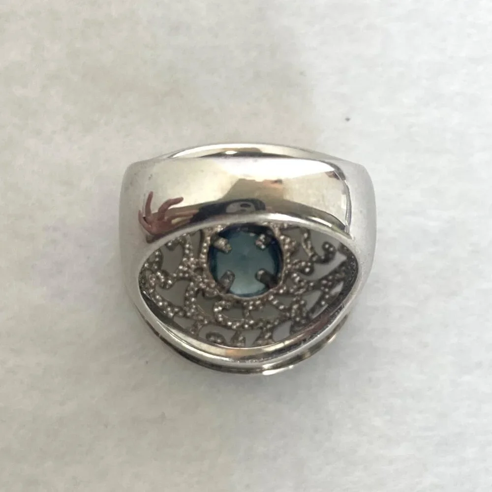 Sterling Silver 925 Round Blue Topaz Scrollwork Wide Band Statement Ring Sz 5.75
